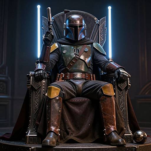 Photorealistic CGI of a Mandalorian warrior in dark armor, helmet, and cloak, sitting on a high, throne-like chair, flanked by