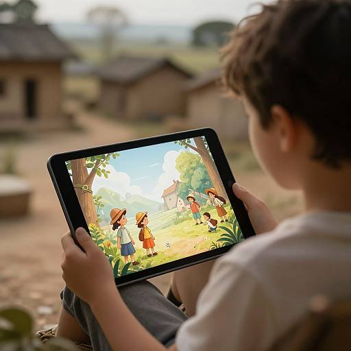 Child with AI Storybook in Village