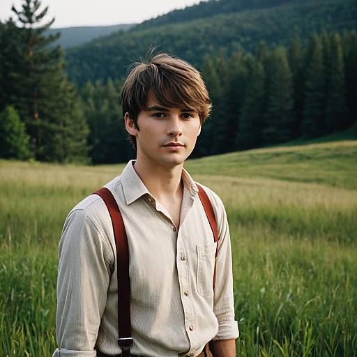 Young Man in Casual Shirt with Suspenders in Nature
