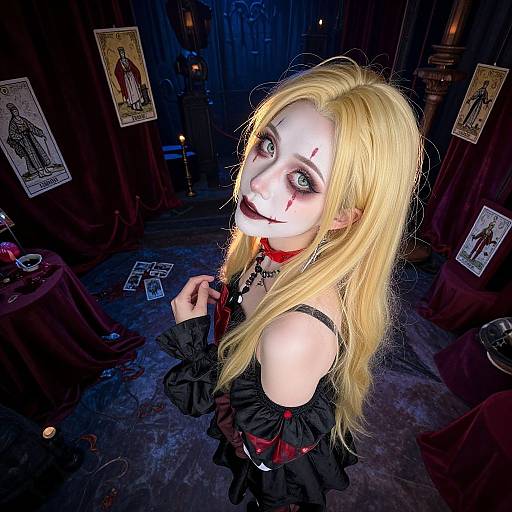 Photograph of a pale-skinned, blonde woman with white face paint, black lipstick, and red eye makeup, dressed in a black gothic outfit