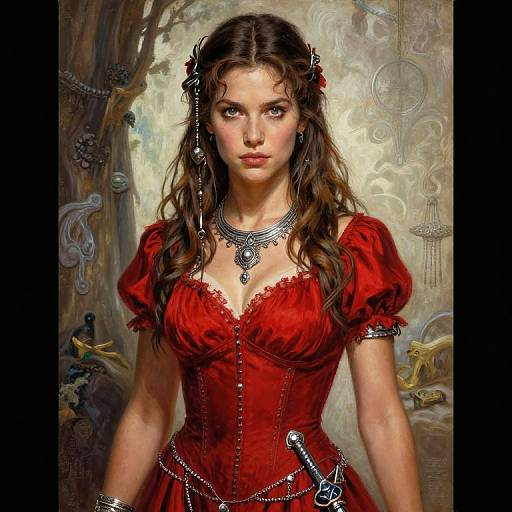 Digital painting of a beautiful young woman with long brown hair, wearing a red, puffed-sleeve dress, adorned with jewelry and chains, standing