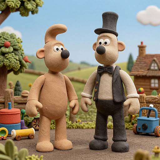 Photorealistic CGI image of a textured, beige, bear-like character and a black-hatted, bowtie-wearing bear standing in a colorful,