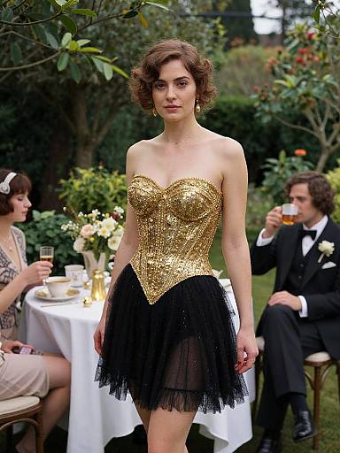 Photograph of a woman with short brown hair in a gold sequin strapless top and black tulle skirt, standing in a garden, surrounded by