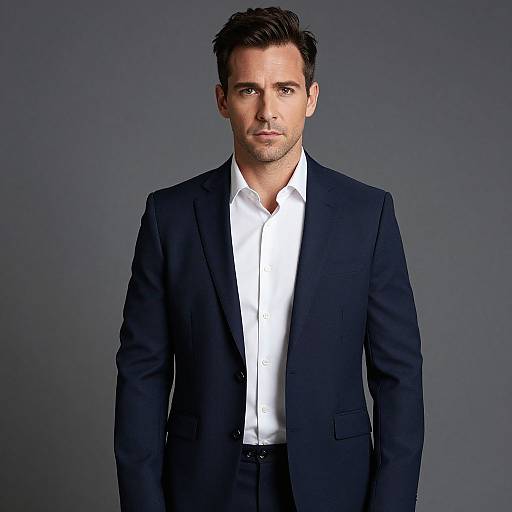 Photograph of a handsome man with short brown hair, wearing a black suit and white dress shirt, standing against a gray background.
