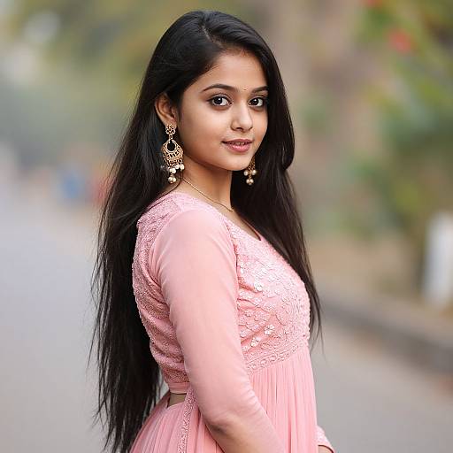 Photograph of a beautiful Indian woman with long black hair, wearing a pink lace dress and ornate earrings, standing on a blurred street.