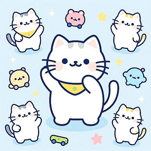 Cute digital illustration of chibi cats with yellow bandanas, surrounded by smaller colored cats and toys on a blue background.