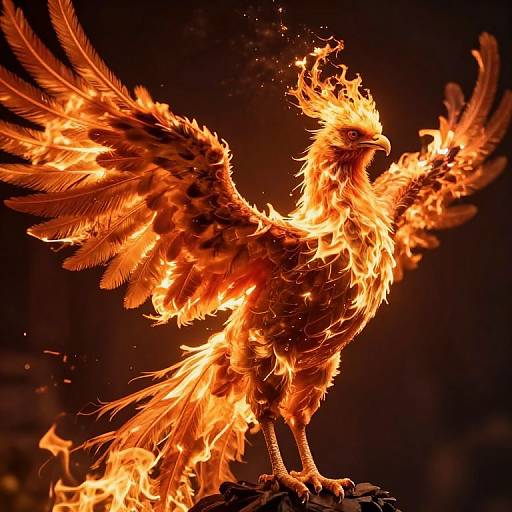 Photograph of a blazing phoenix with vibrant orange and yellow flames engulfing its feathers, wings spread, standing on a dark rock, set against a black