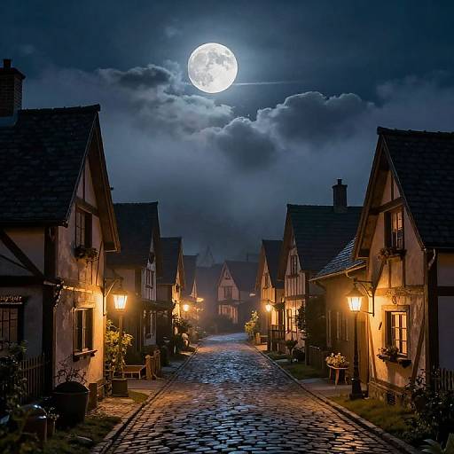 Photograph of a cobblestone street at night, illuminated by warm street lamps, with medieval-style houses under a bright, full moon in a cloudy