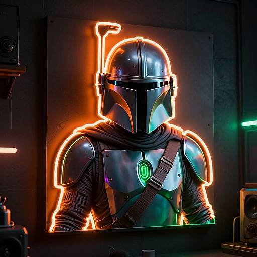 Neon Mandalorian Art in Dark Room