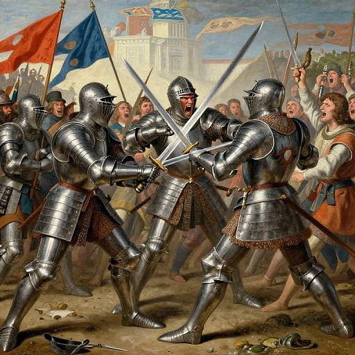 Historical painting of medieval knights in silver armor clashing swords, surrounded by soldiers with flags and a castle in the background.