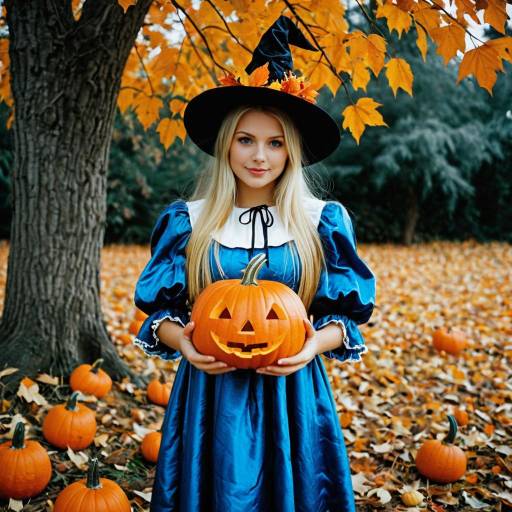 Girl in Blue Witch Costume Holding Jack-o'-Lantern
