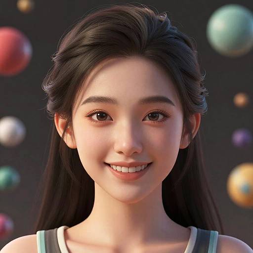 CGI portrait of a smiling Asian woman with long black hair, dark eyes, and fair skin, wearing a grey tank top, against a blurred background