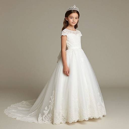 Photograph of a young girl in a white lace wedding-style dress with short sleeves, a full skirt, and a long veil, wearing a silver ti