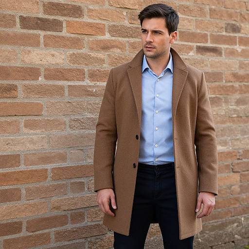 Photograph of a handsome, dark-haired man in a brown overcoat, light blue shirt, and black pants, standing against a rustic brick wall.