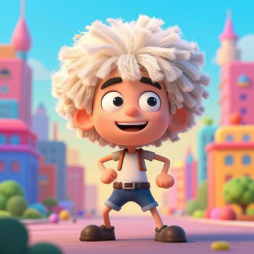 CGI cartoon of a happy, white-haired boy with large eyes, wearing a white shirt, blue shorts, and brown shoes, standing confidently in a
