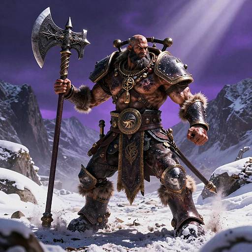 Muscular bald warrior in detailed, dark metal armor with fur trims, holding a large, ornate axe, stands in snowy mountain landscape under purple