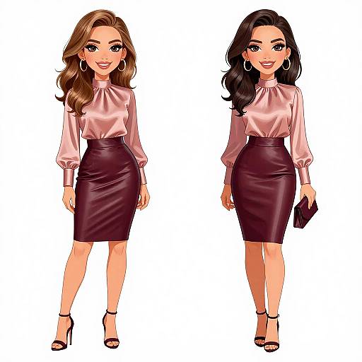 Digital illustration of two stylish women with long hair, pink satin blouses, black leather skirts, and high heels, standing against a white background.