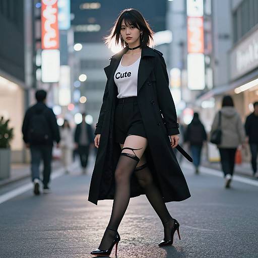 Photograph of an Asian woman with black hair, wearing a black coat, white 