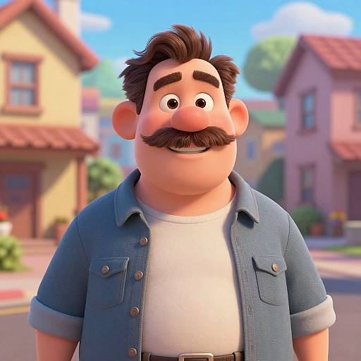 CGI cartoon of a chubby, mustached man with dark hair, wearing a blue shirt over a white t-shirt, in a sunny suburban neighborhood.