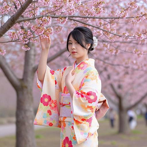 Photograph of an Asian woman with black hair in a floral kimono, reaching for cherry blossoms, surrounded by pink trees.