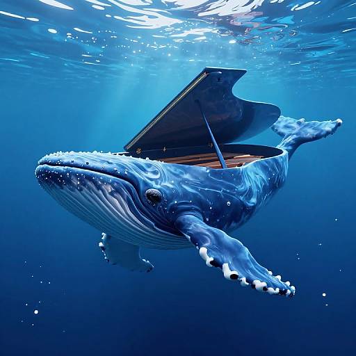 Photograph of a massive blue whale with a wooden surfboard on its back, swimming underwater in clear, sunlit ocean water.