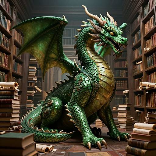 CGI dragon in a library, sitting amidst stacks of books, with glowing green scales, large wings, and sharp horns, under dim lighting.