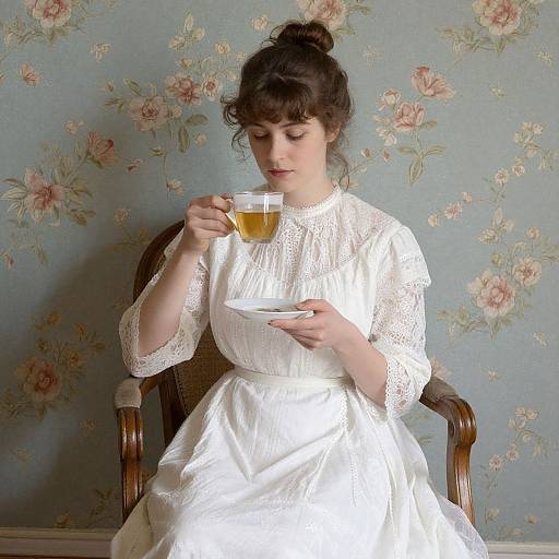 Photograph of a fair-skinned woman with dark hair in an updo, wearing a white lace dress, sipping tea in a floral-patterned
