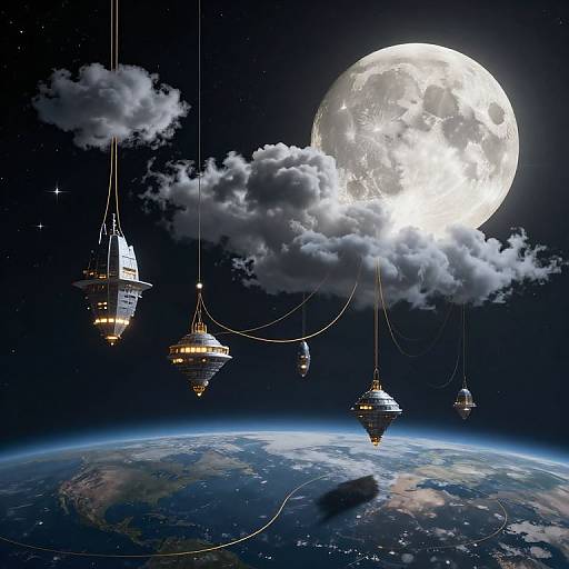 Digital art: Glowing space cities hang from strings amidst fluffy clouds, against a bright full moon and Earth below, with starry night sky in the