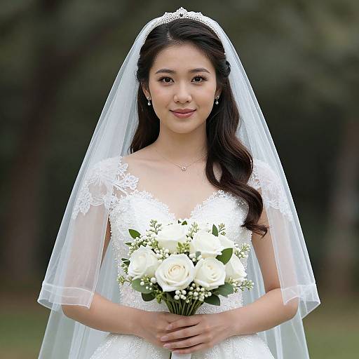 Photograph of an Asian bride with long black hair, wearing a white lace dress and veil, holding a bouquet of white roses and baby's breath,