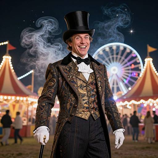 Smiling man in ornate black top hat, gold-patterned jacket, white gloves, and black pants, exhaling smoke at a colorful, nighttime