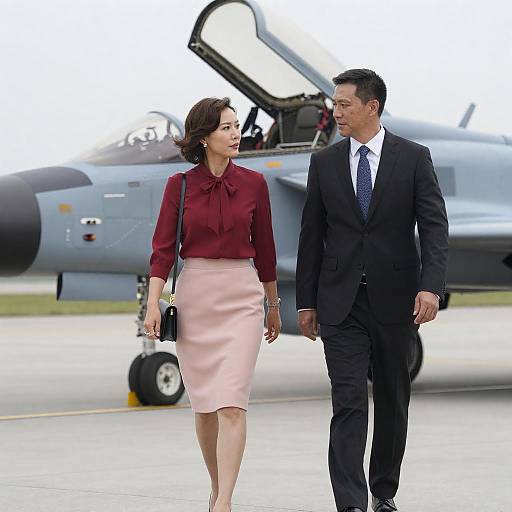 Couple by Military Jet on Airstrip