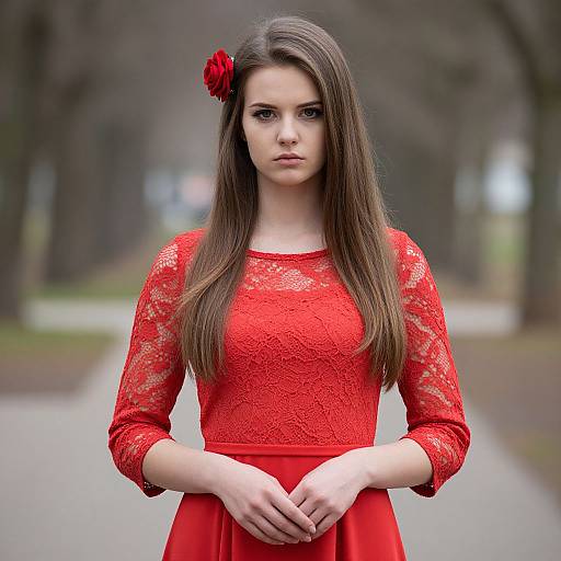 Photograph of a young Caucasian woman with long brown hair, wearing a red lace dress and red flower in her hair, standing on a blurred park path