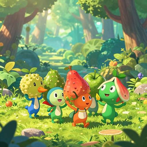 Digital illustration of five cute, cartoon-like, fruit-shaped creatures with cheerful expressions, standing in a vibrant, sunlit forest with lush greenery and colorful