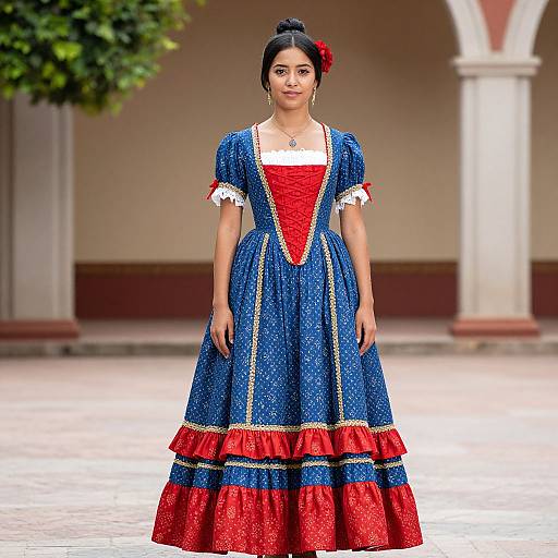 Photograph of a young woman with medium brown skin, black hair in a bun, wearing a vibrant blue and red Spanish-style dress with white trim,