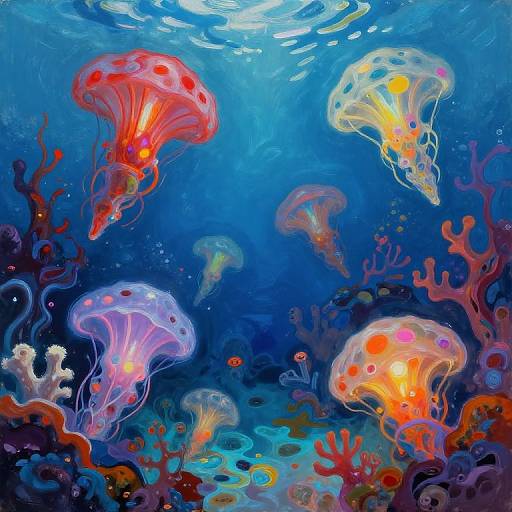 Vibrant digital painting of colorful jellyfish floating among bright coral reefs, with sunlight filtering through the deep blue ocean.
