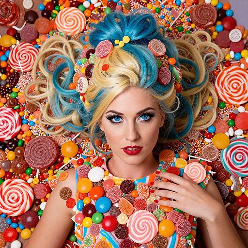 Photograph of a fair-skinned woman with bright blue and blonde hair, surrounded by colorful candy and lollipops, wearing vibrant makeup and red