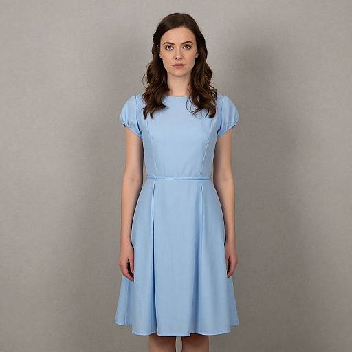 Photograph of a fair-skinned woman with long brown hair, wearing a light blue short-sleeved dress, standing against a plain gray background.
