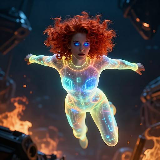 Digital CGI of a glowing, red-haired woman with blue eyes, floating in a fiery, industrial background, wearing a neon, form-fitting suit.