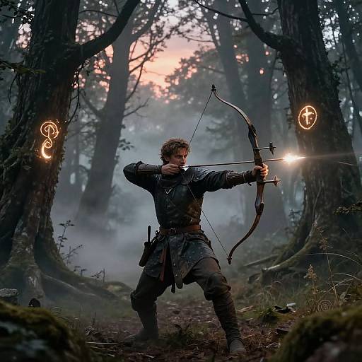 Photograph-style digital art: A male archer in dark medieval clothing, drawing a glowing bow in a misty, dense forest at dusk. Eth