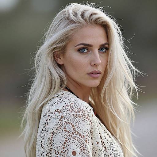 Photograph of a blonde woman with blue eyes, wearing a white, intricately patterned lace top, looking over her shoulder with a serious expression.