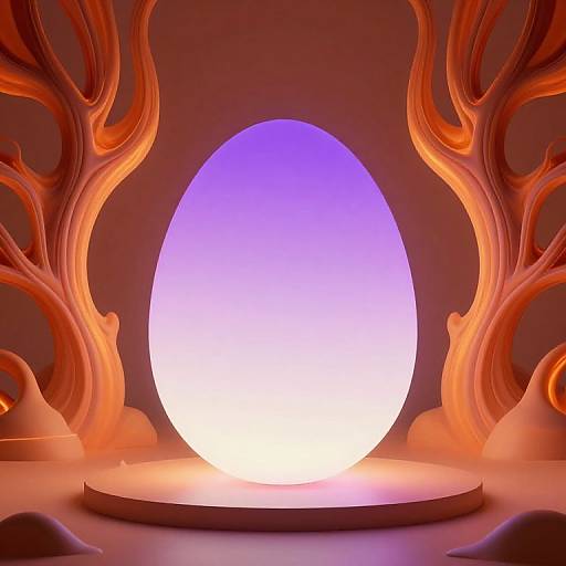 Bright, glowing blue egg centered in an organic, fiery orange and red sculpted frame, creating a surreal, ethereal sci-fi art piece.