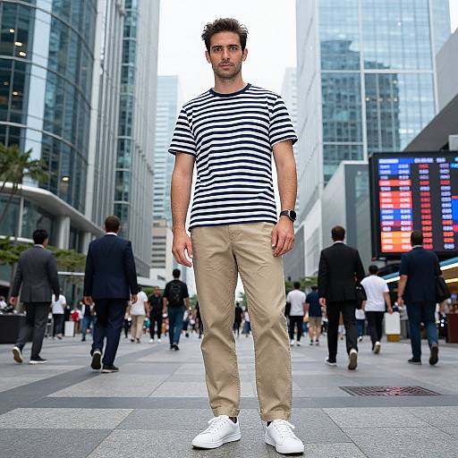 Photograph of a man with short brown hair, wearing a black-and-white striped shirt, beige pants, and white sneakers, standing in a busy urban