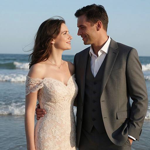 Photograph of a smiling couple at the beach; woman in off-shoulder white lace wedding dress, man in gray suit and vest.