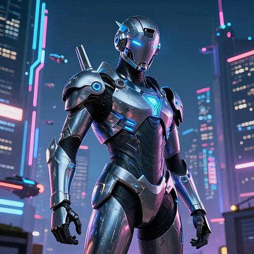 CGI image of a futuristic, silver and black robotic humanoid with glowing blue accents standing in a neon-lit cyberpunk cityscape.