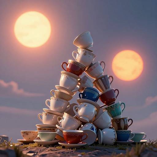 Photograph of a pyramid of assorted teacups and saucers under a twilight sky with two bright suns, casting warm, glowing light.