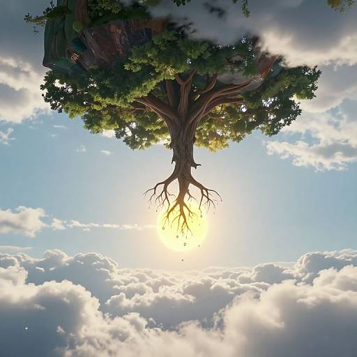 Digital art of a giant tree with exposed roots, standing in a bright, cloudy sky, with sunlight shining through its leaves.