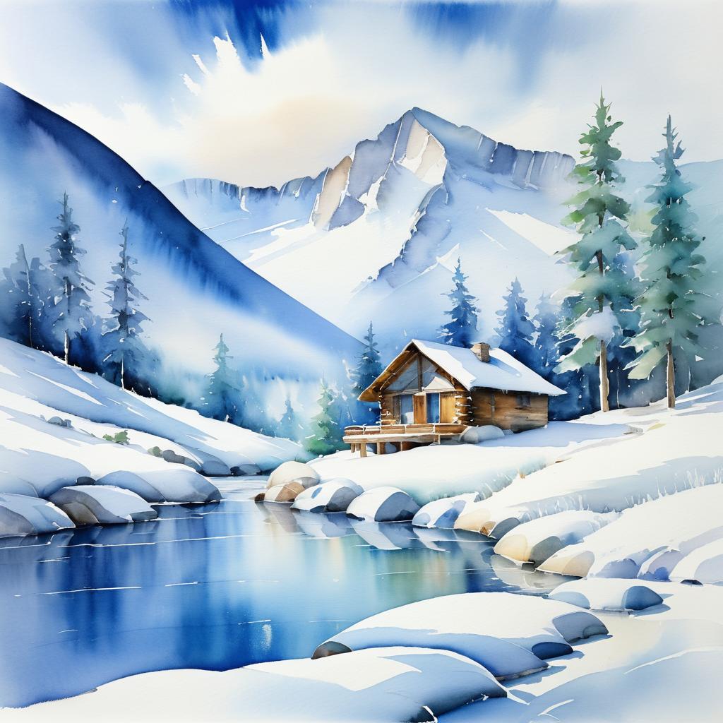 Tranquil Snowy Mountain Cabin Scene