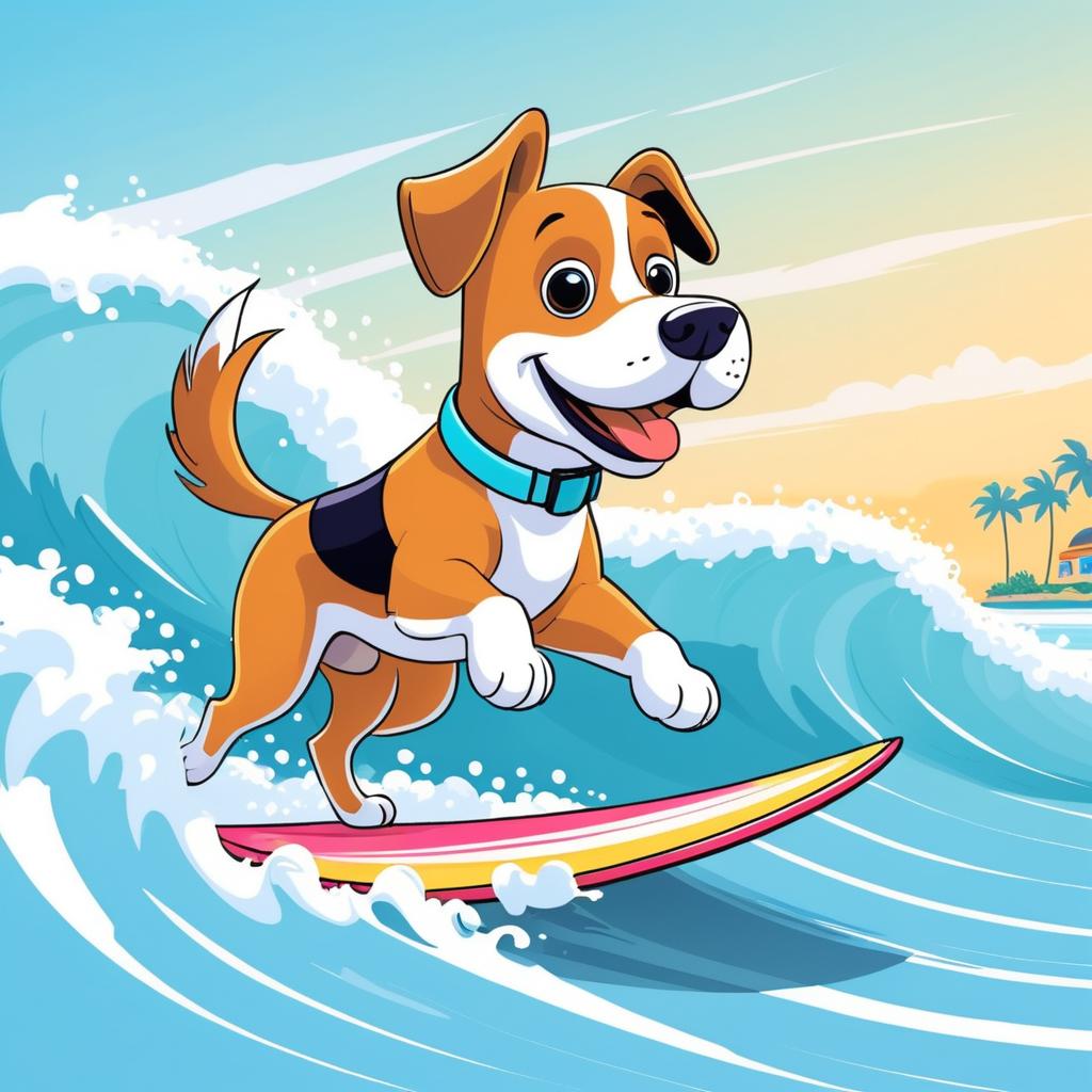 Surfing Dog Cartoon on Ocean Waves