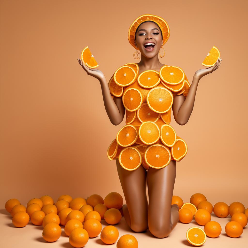 Playful Woman Adorned with Oranges