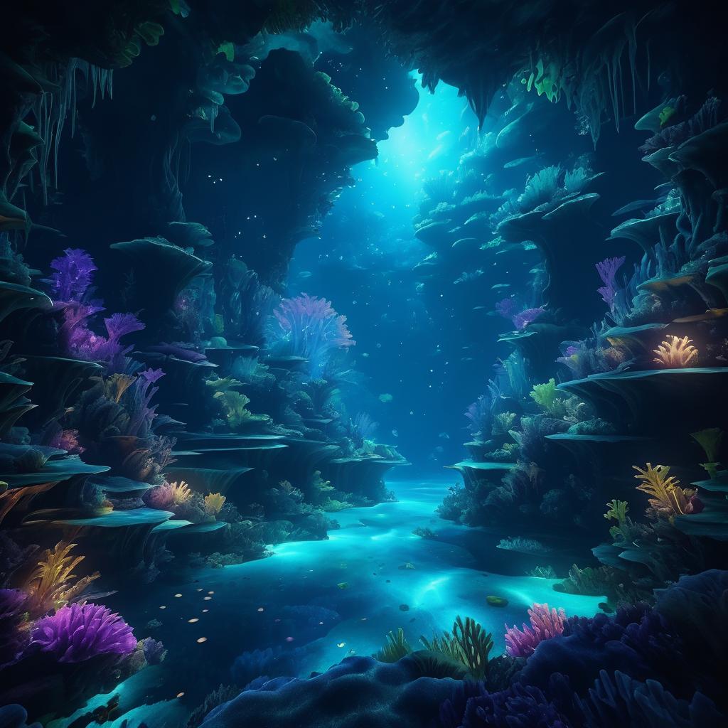 Mystical Bioluminescent Underwater Cave Scene